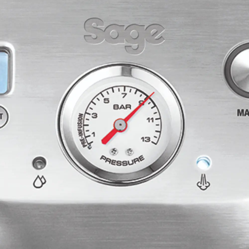 Close-up of the Sage Dual Boiler's espresso pressure gauge, showing the optimal extraction range and low-pressure pre-infusion setting.