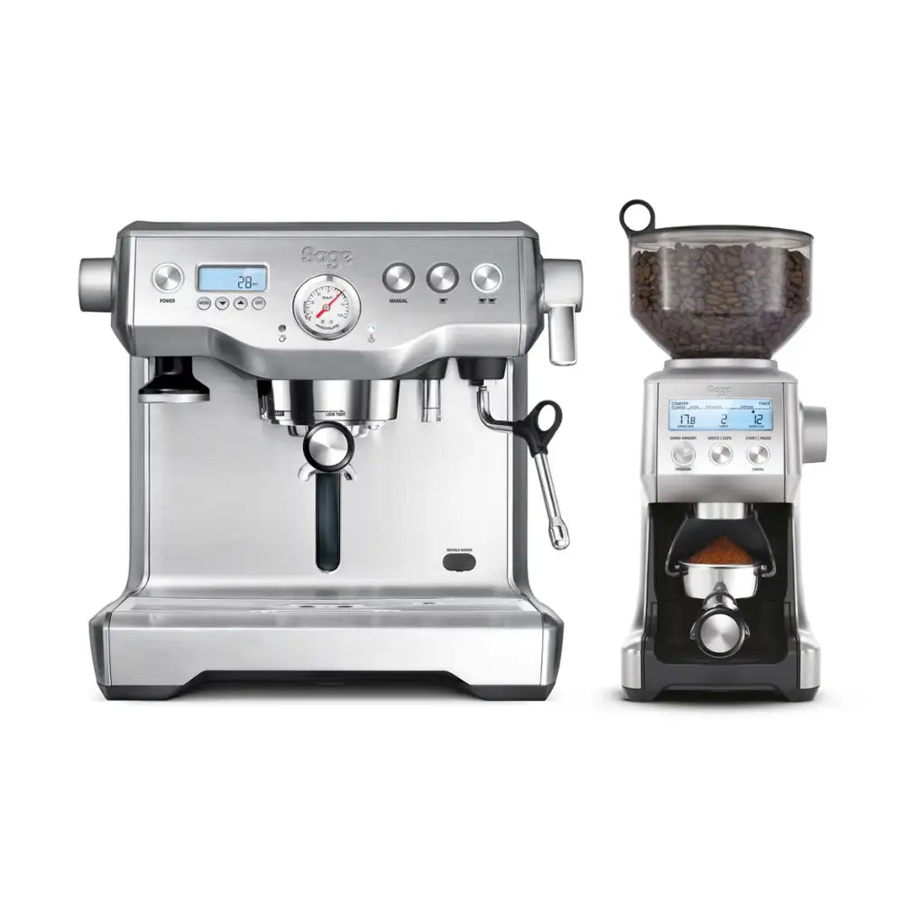 Front view of the Sage Dynamic Duo espresso machine and matching grinder set in brushed stainless steel.