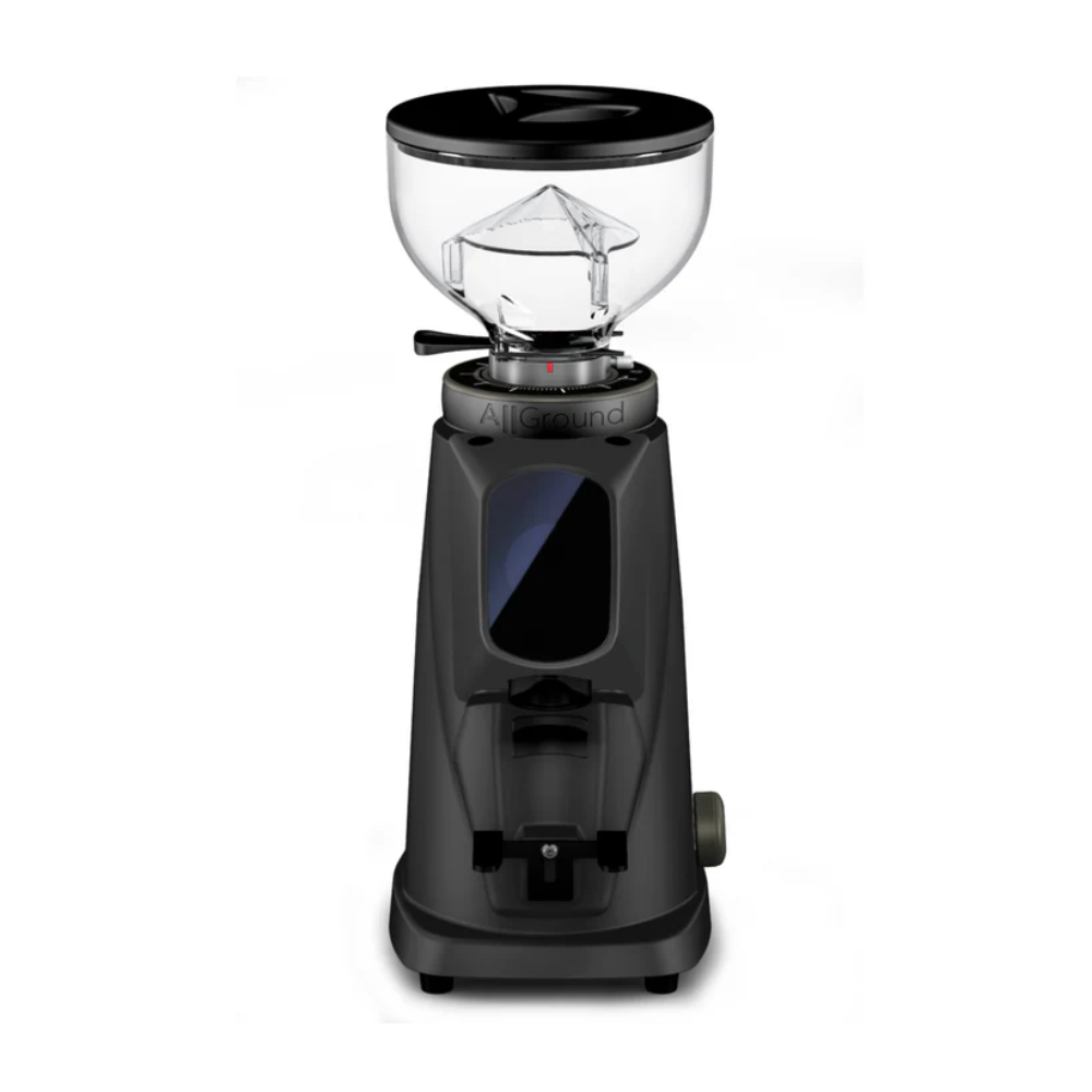 Front view of Sanremo AllGround Sense home coffee grinder in black with grind-by-weight technology and touchscreen control