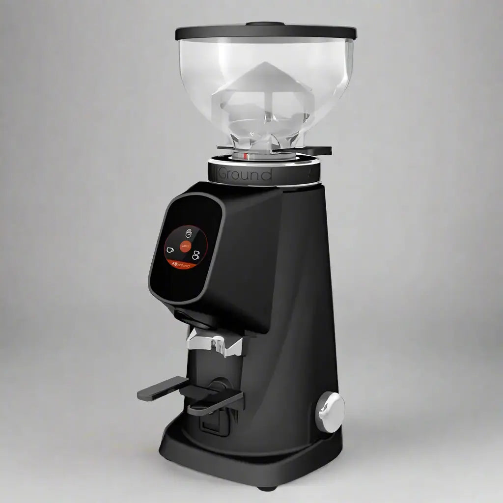 Black coffee grinder with clear top on a gray background