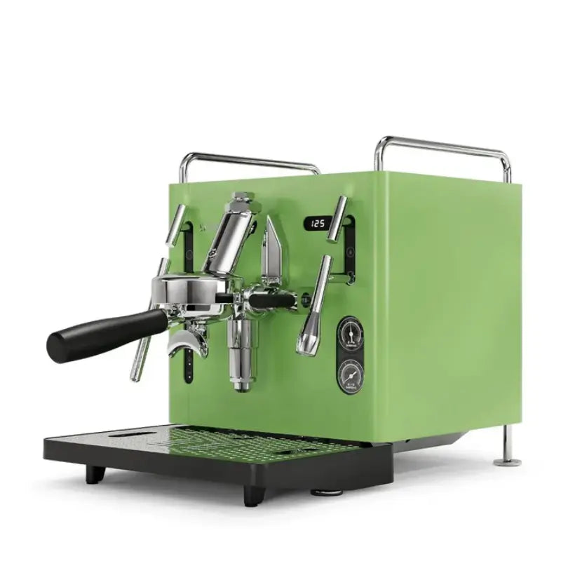Angled front view of the Sanremo Cube R semi-professional espresso machine in a green finish.