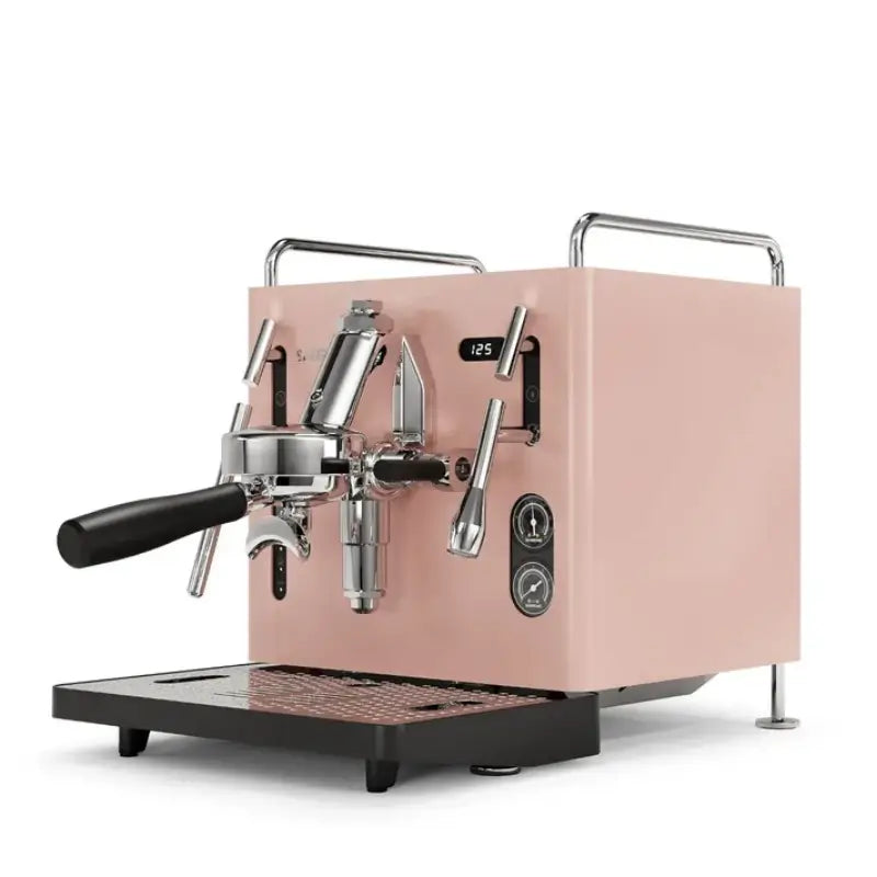 Angled front view of the Sanremo Cube R semi-professional espresso machine in a pink finish.