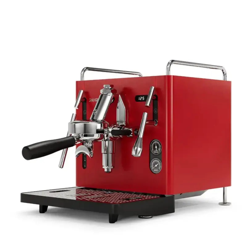 Angled front view of the Sanremo Cube R semi-professional espresso machine in a red finish.