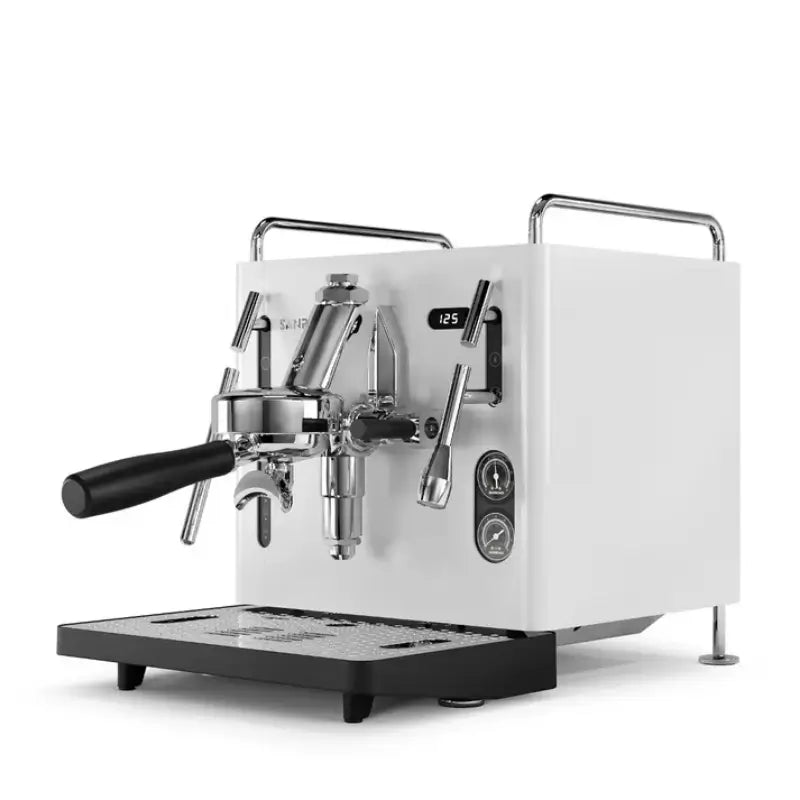 Angled front view of the Sanremo Cube R semi-professional espresso machine in a white finish.