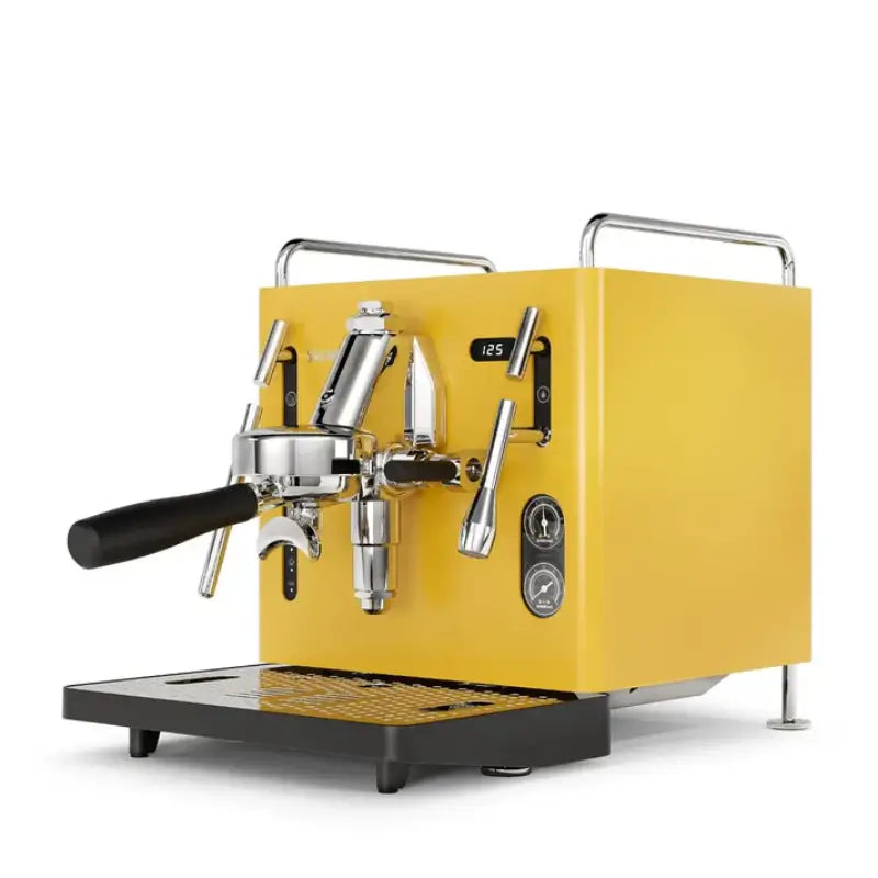 Angled front view of the Sanremo Cube R semi-professional espresso machine in a yellow finish.