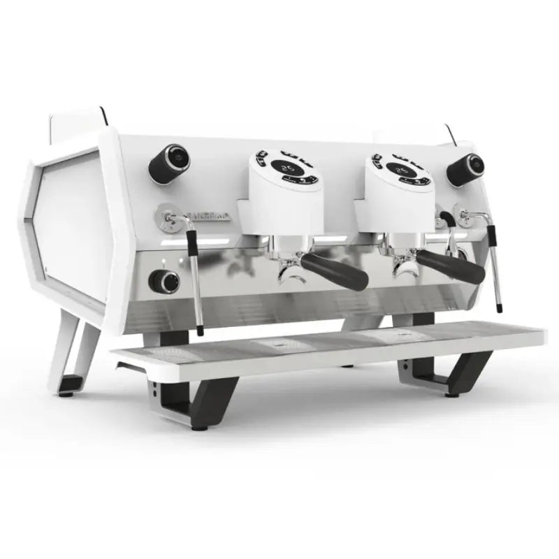 Angled front view of the Sanremo D8 commercial espresso machine in a 2-group configuration with individual digital displays.