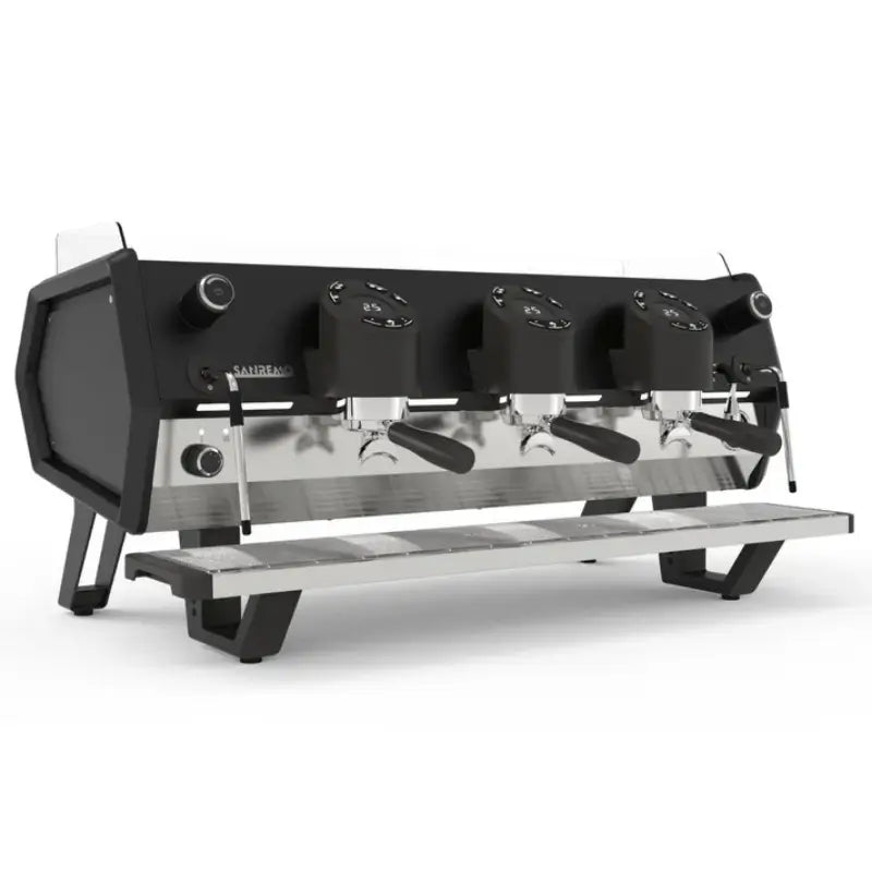 Angled front view of the Sanremo D8 commercial espresso machine in a 3-group configuration with individual digital displays.