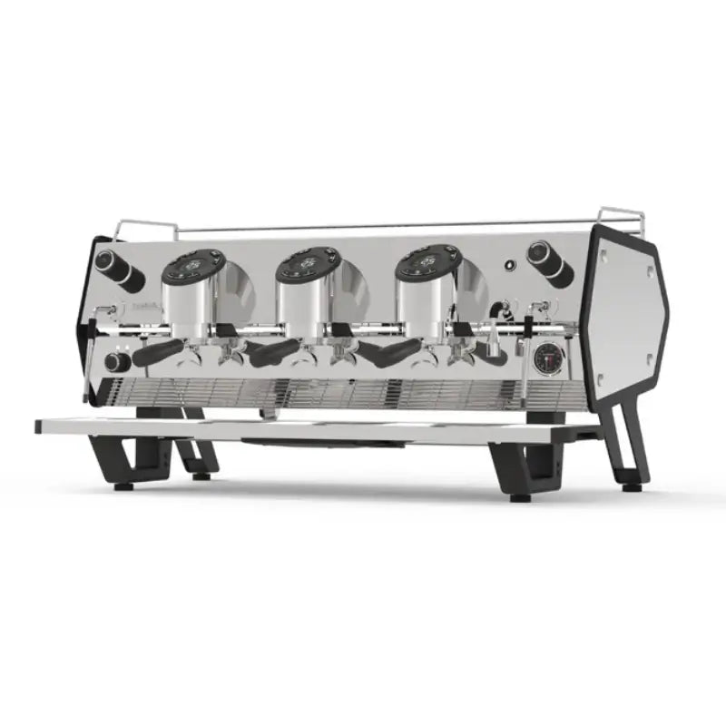 Angled front view of the Sanremo D8 commercial espresso machine in a 3-group configuration with individual digital displays.