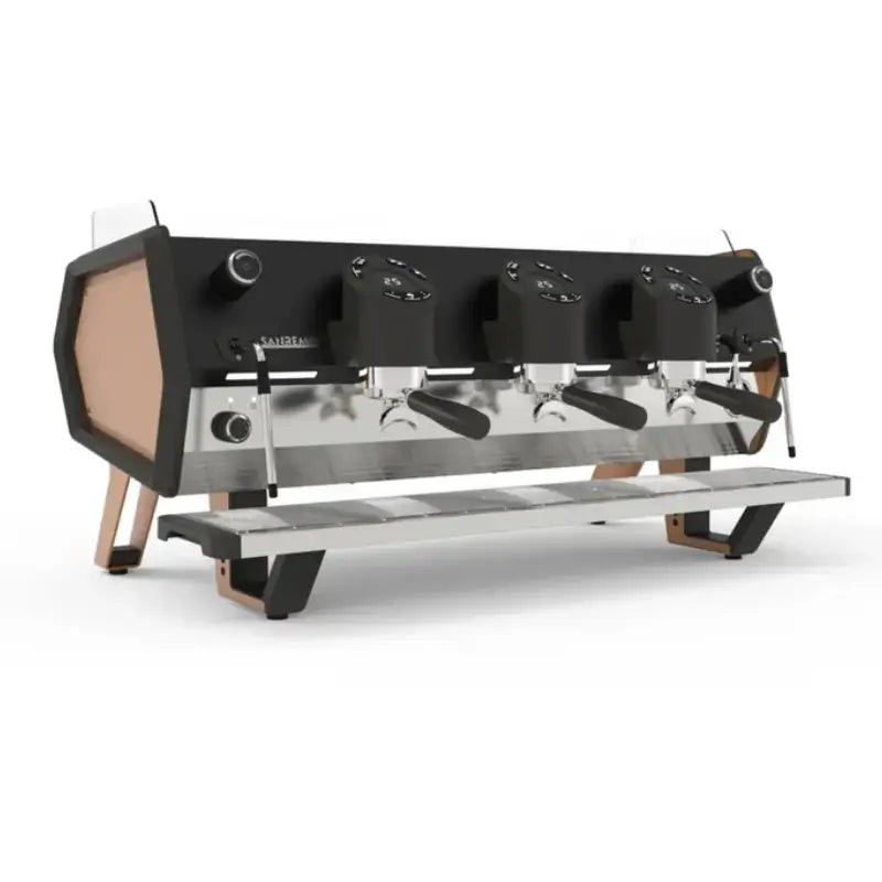 Angled front view of the Sanremo D8 commercial espresso machine in a 3-group configuration with individual digital displays.