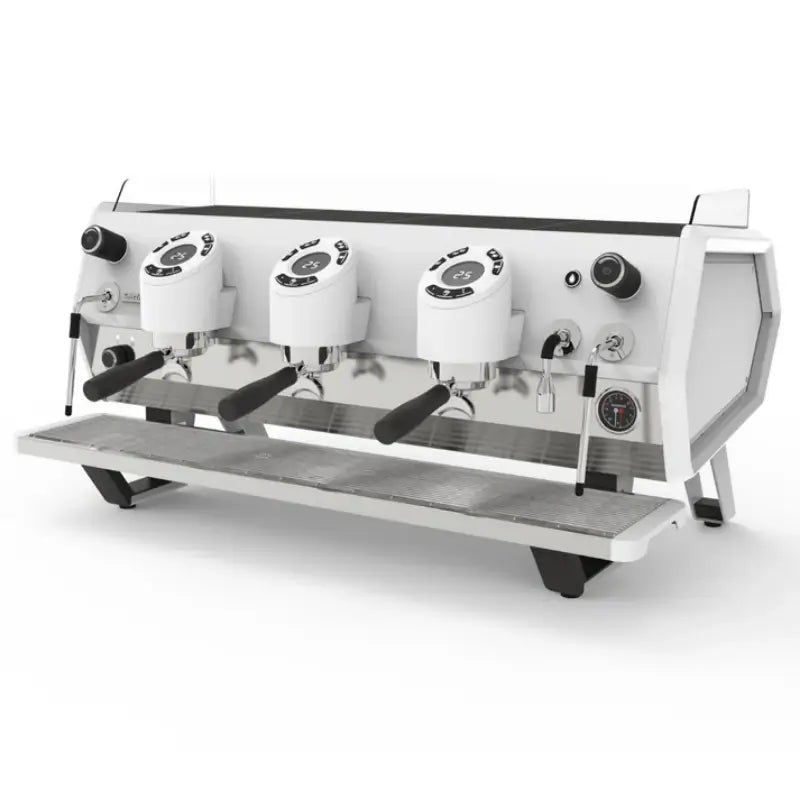 Angled front view of the Sanremo D8 commercial espresso machine in a 3-group configuration with individual digital displays.