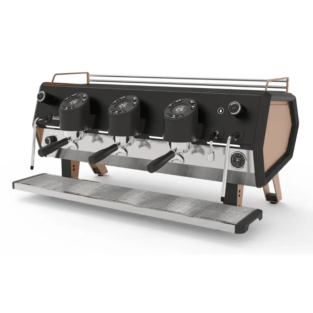 Front view of the Sanremo D8 pro commercial espresso machine in a striking copper gold finish.