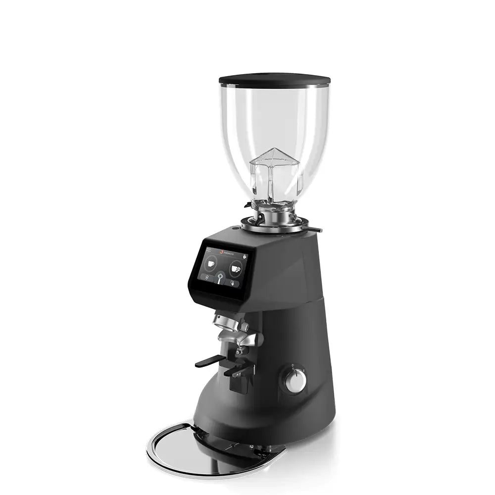 Angled view of Sanremo SR64 E coffee grinder in black with touchscreen interface and flat burr grinding system
