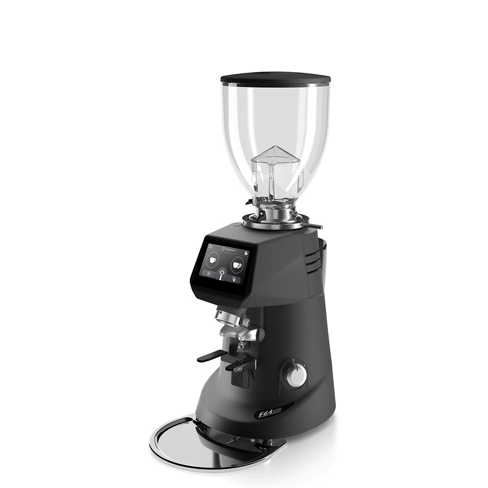 Angled view of Sanremo SR64 EVO coffee grinder in black with touchscreen display and large hopper