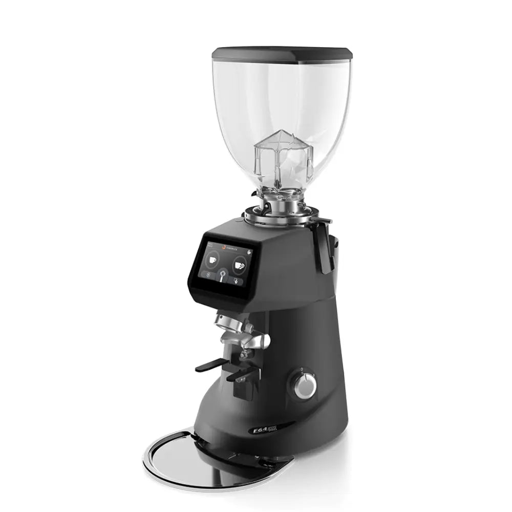 Angled view of Sanremo SR64 EVO Pro coffee grinder in black with touchscreen display and large hopper