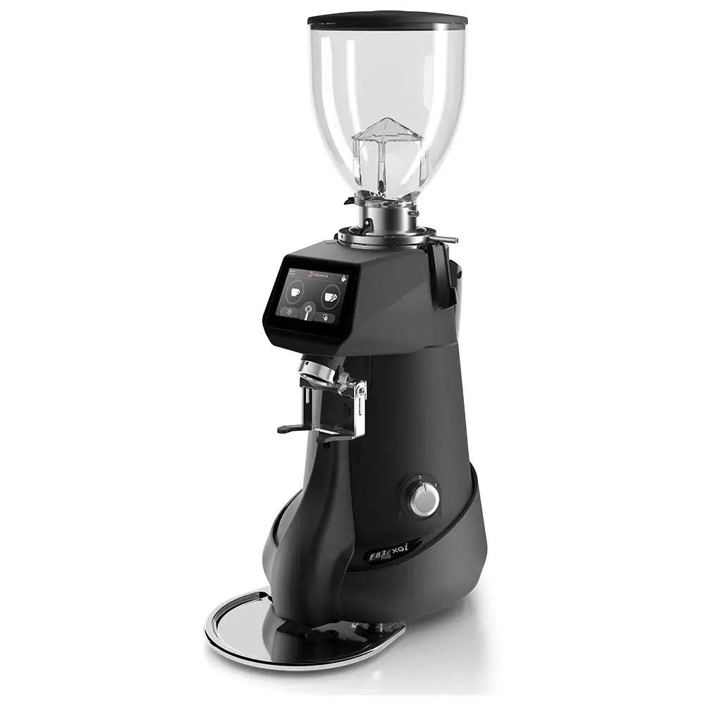 Full view of the Sanremo SR83 E XGI Pro coffee grinder in matte black with digital touchscreen.