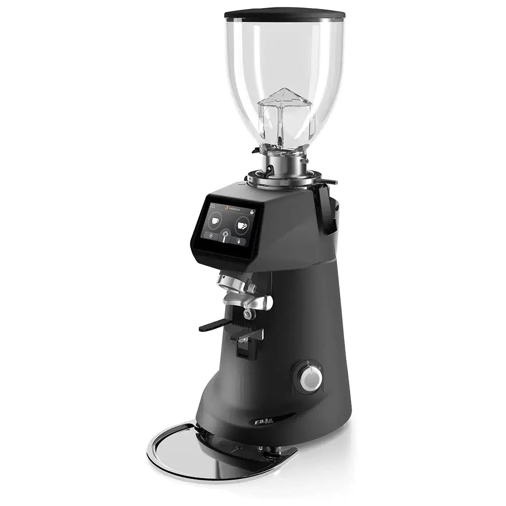 Full view of the Sanremo SR83 E Pro commercial on-demand coffee grinder in matte black with digital touchscreen.