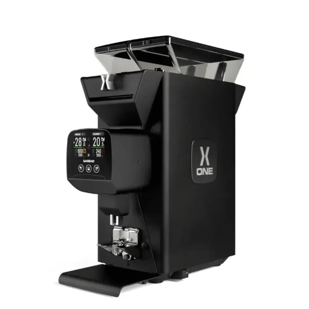 Angled view of Sanremo X-One espresso grinder in black with dual digital displays and vertical burr configuration