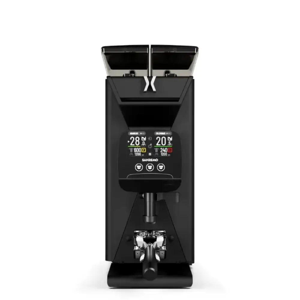 Front view of Sanremo X-One espresso grinder in black with dual digital displays and precision grind controls