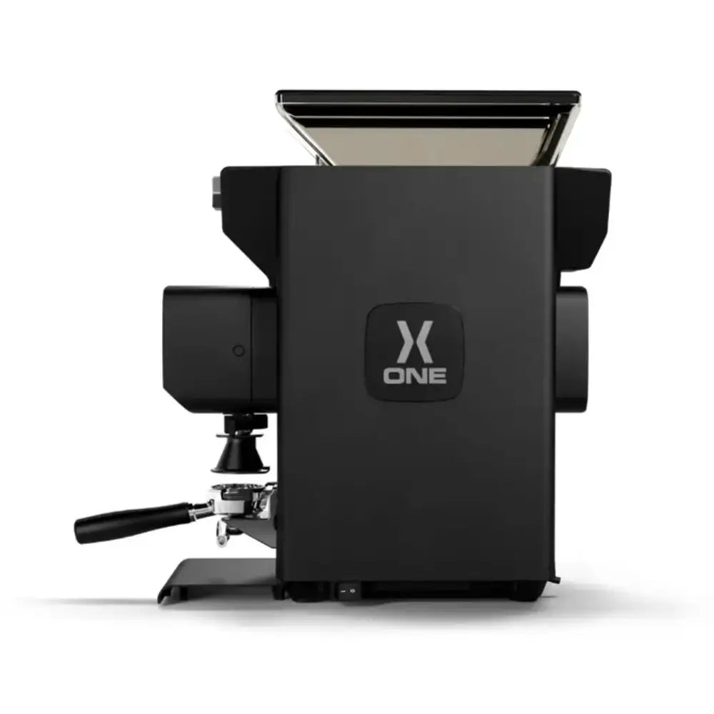 Side view of Sanremo X-One espresso grinder in black with dual digital displays