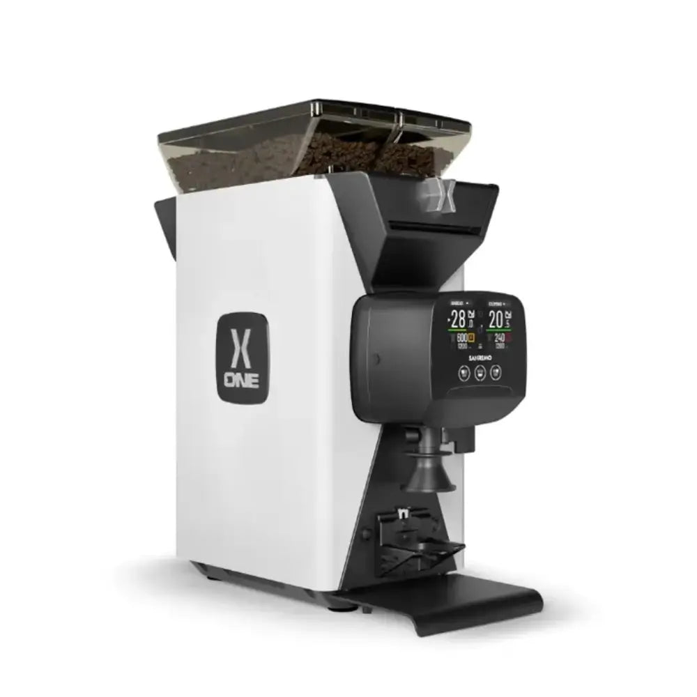 Angled view of Sanremo X-One espresso grinder in white with dual digital displays and vertical burr configuration
