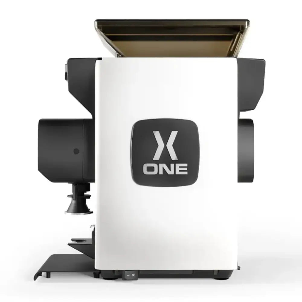 Size view of Sanremo X-One espresso grinder in white with dual digital displays
