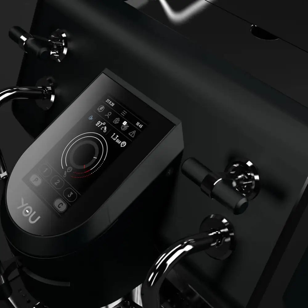 Close-up of the Sanremo YOU's advanced digital touchscreen, displaying brew temperature, pressure, and settings profiles.