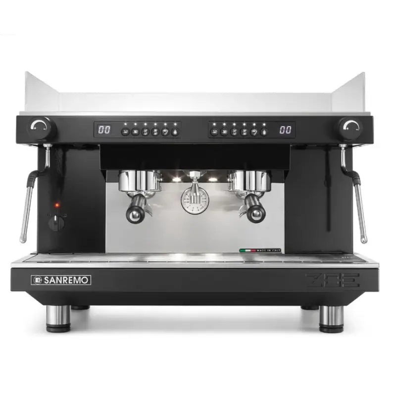 Front view of the Sanremo Zoe Competition 2-group commercial espresso machine in black.