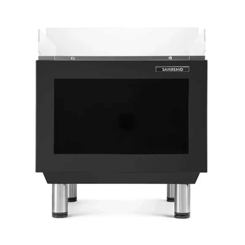 Rear view of the Sanremo Zoe Kompact 2-group SED traditional espresso machine in black.