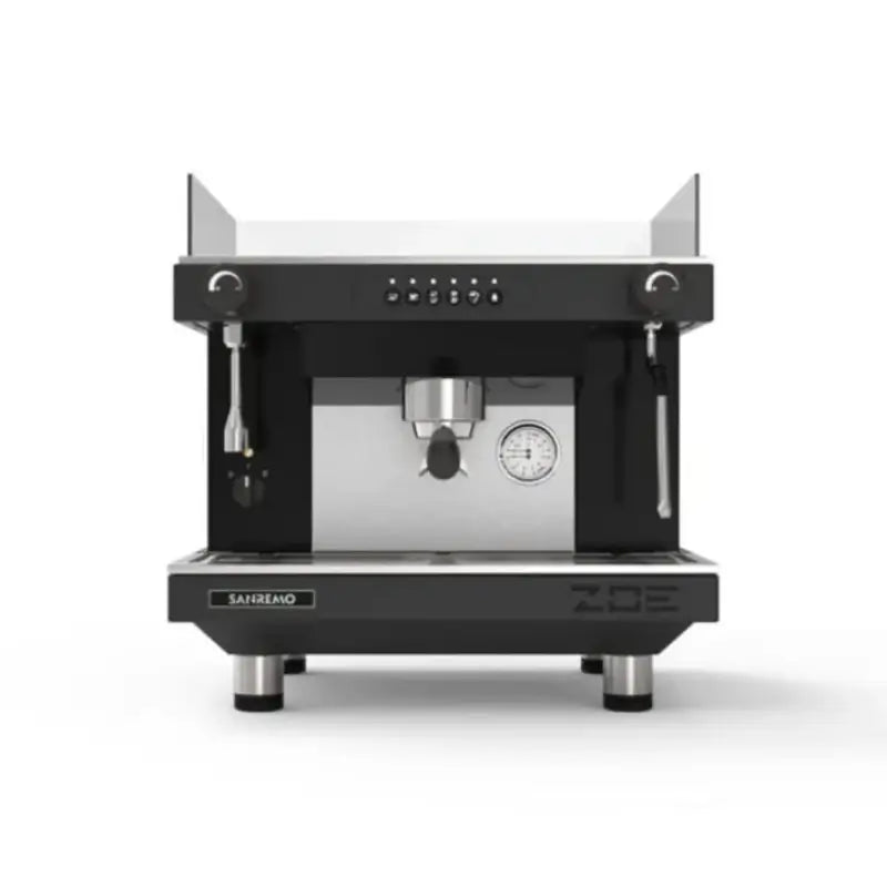 Front view of the Sanremo Zoe SED single group commercial espresso machine in a black finish.