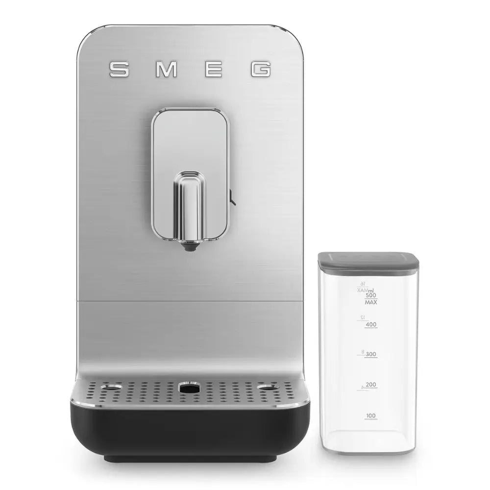 Front view of the SMEG BCC13 fully automatic bean-to-cup coffee machine next to its clear milk/water container.