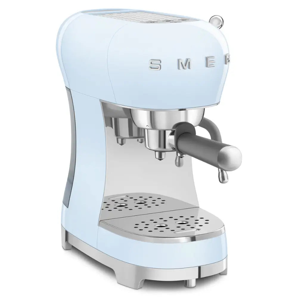 Front angled view of the SMEG ECF02 50's Style espresso machine in pastel blue.