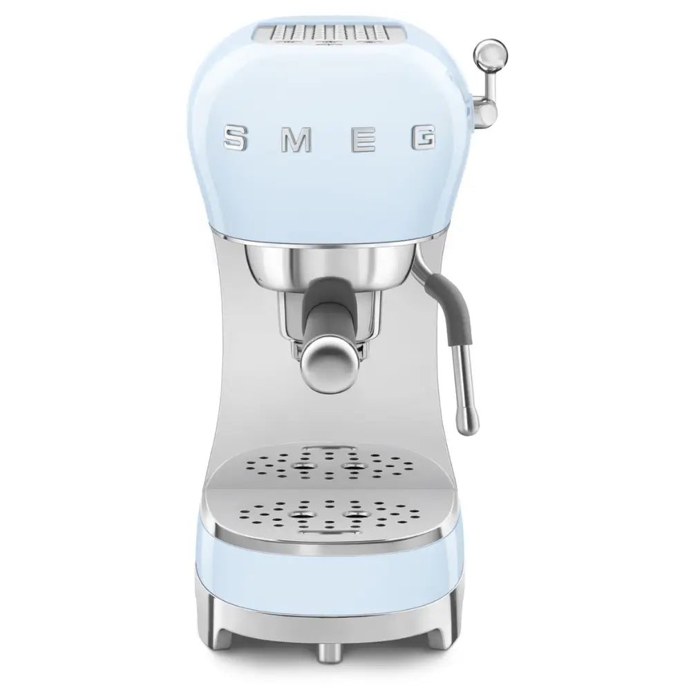 Front view of the SMEG ECF02 50's Style espresso machine in pastel blue.