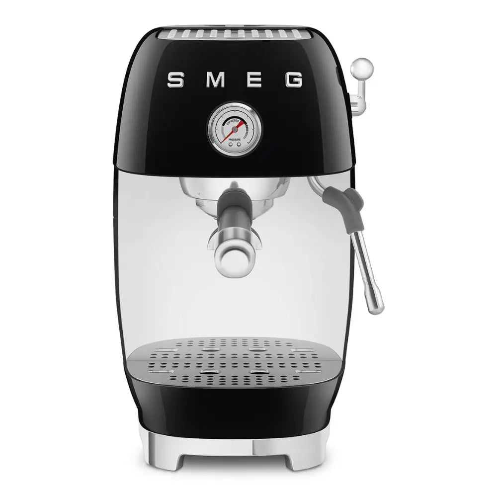 SMEG ECF03BLUK espresso machine in black on a white background, showcasing its retro 50s style and pressure gauge.
