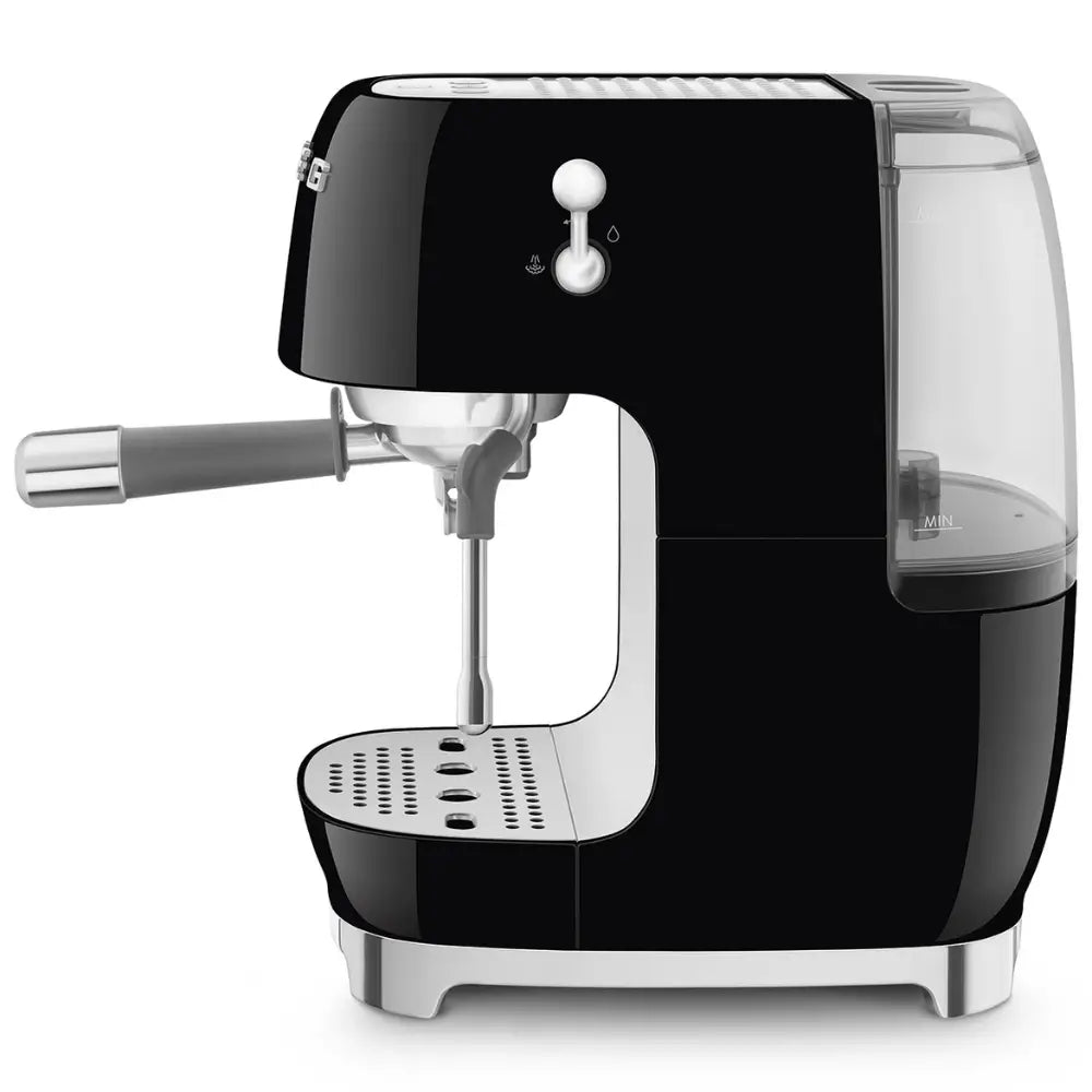 Side profile of the black SMEG ECF03BLUK espresso machine highlighting the portafilter and clear water tank.