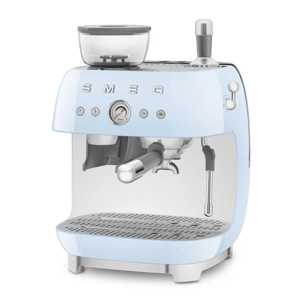 Front angled view of the SMEG 50's Style espresso machine with built-in grinder and 20 bar pump in gloss blue.