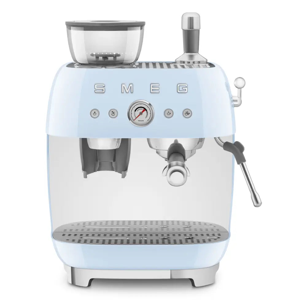 Front view of the SMEG 50's Style espresso machine with built-in grinder and 20 bar pump in gloss blue.