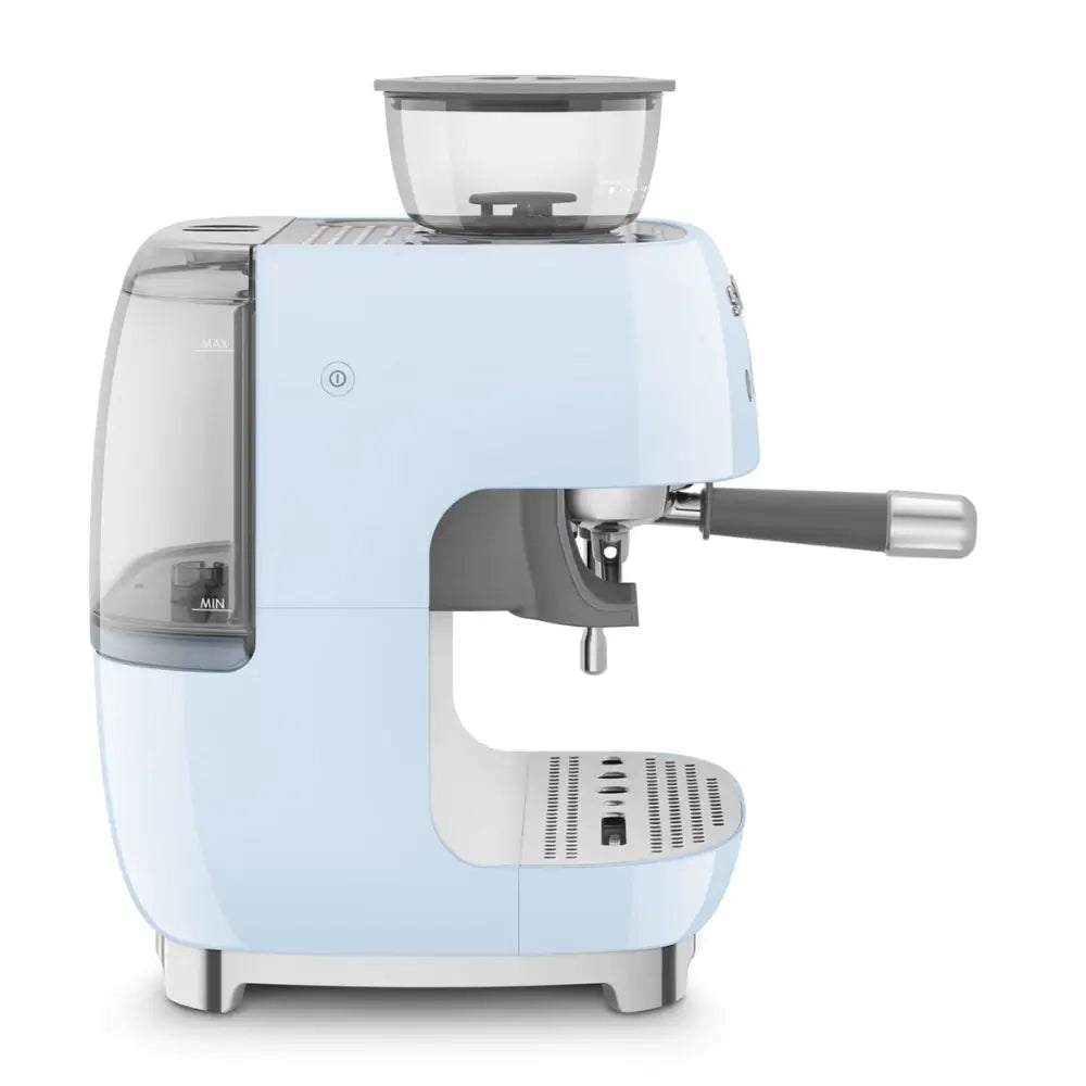 Side view of the SMEG 50's Style espresso machine with built-in grinder and 20 bar pump in gloss blue.