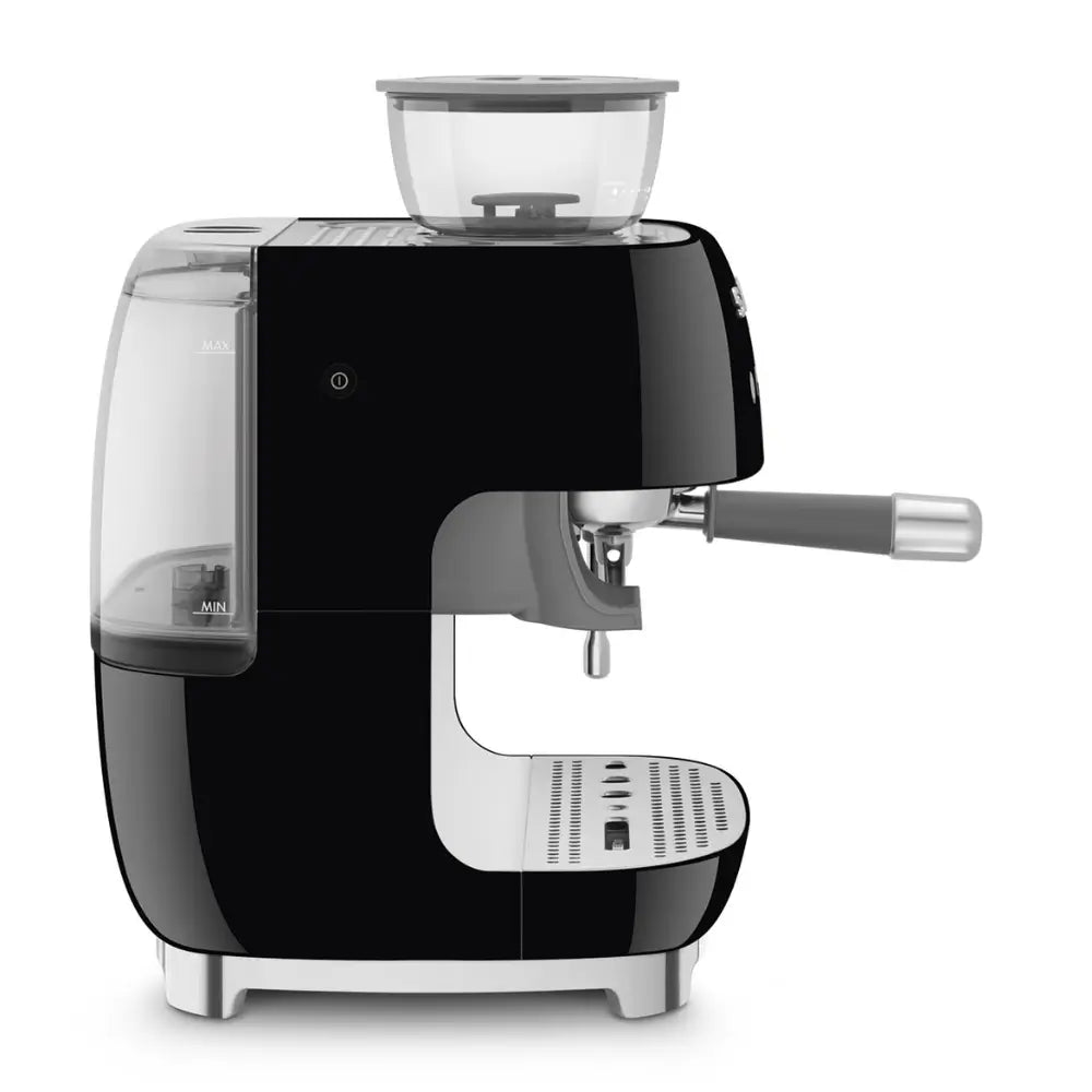 Left side profile of the SMEG EGF03 showing the external water tank and the large bean hopper on top.