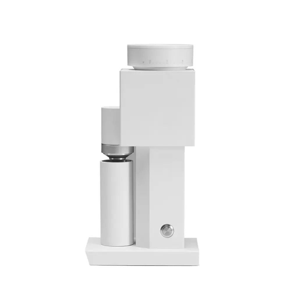 Side profile view of the white Timemore Bricks 01S electric grinder, emphasizing its architectural square body and compact footprint.