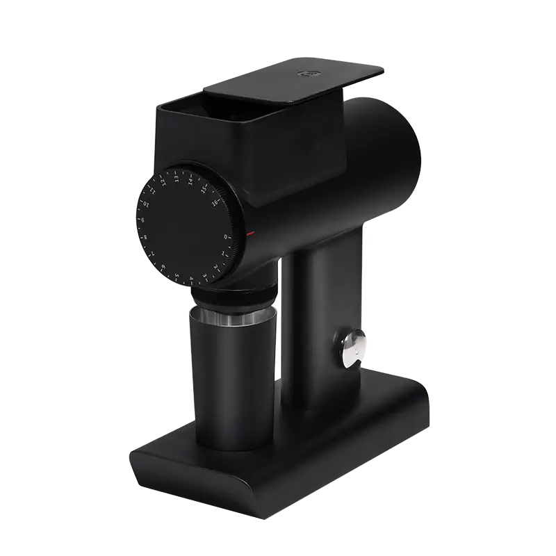 Side view of Timemore Sculptor 064S coffee grinder in black finish with catch cup.