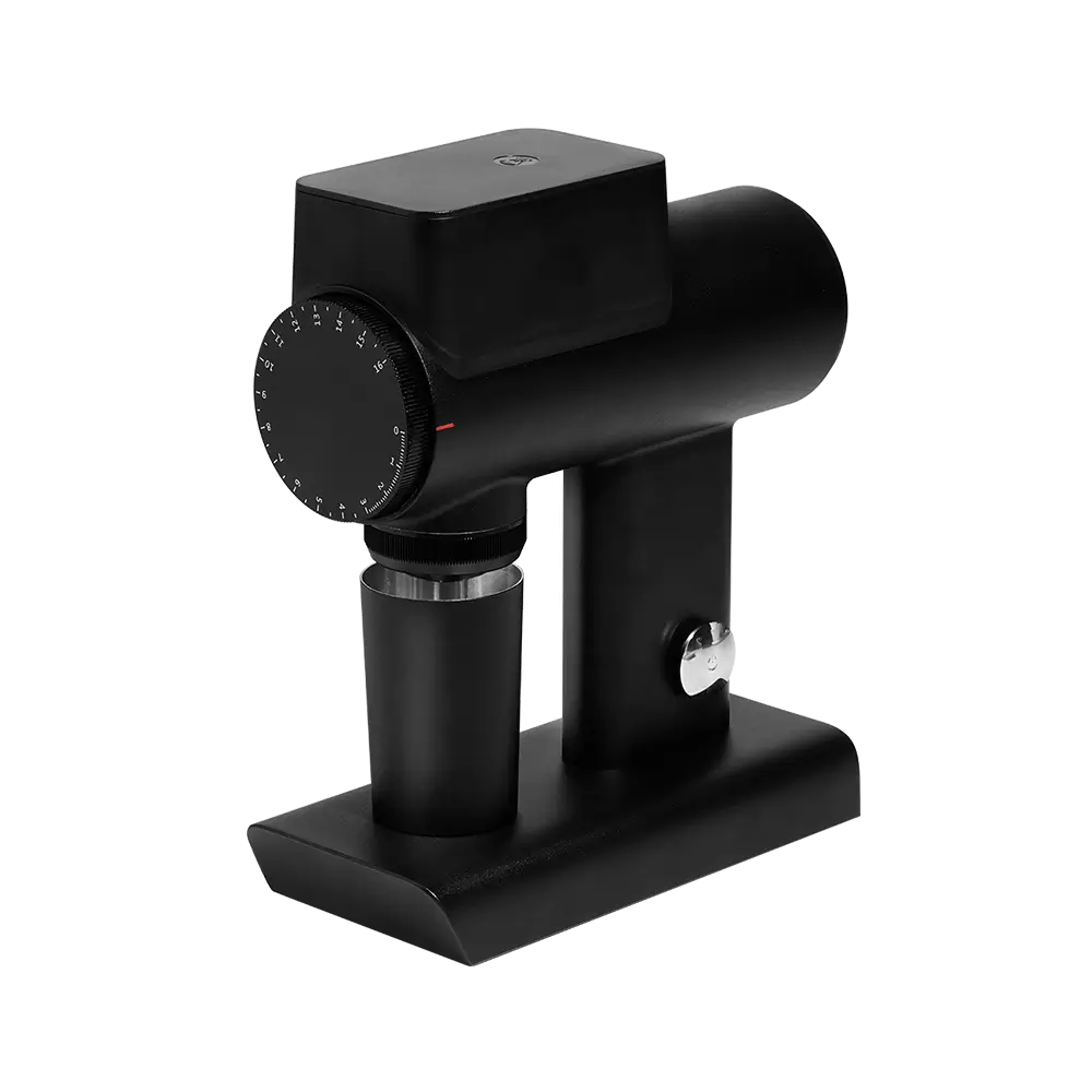 Side view of Timemore Sculptor 064S coffee grinder in black finish with catch cup.