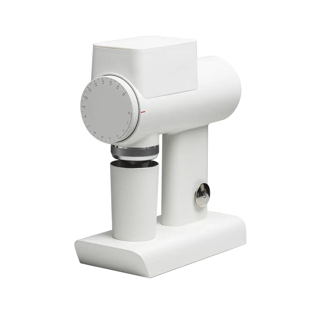 Side view of Timemore Sculptor 064S coffee grinder in white finish with catch cup.