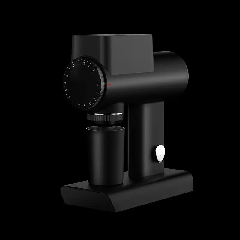 Angled view of Timemore Sculptor 064S electric coffee grinder with grind dial.