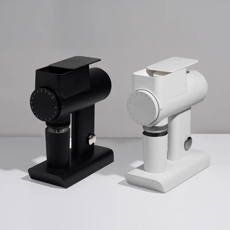 Timemore Sculptor 064S coffee grinder in black and white finish side by side.