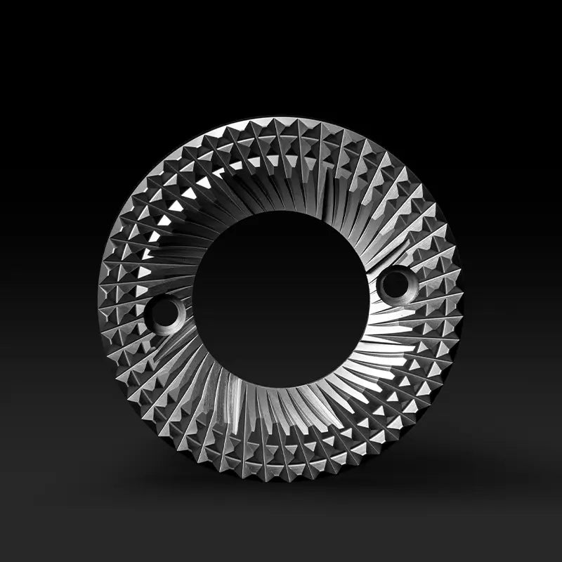 Close-up of Timemore Sculptor 078S precision steel burr set for consistent espresso and filter grinding.