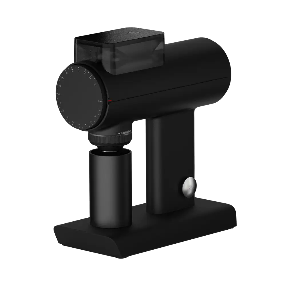 Angled view of Timemore Sculptor 078S coffee grinder in black finish.