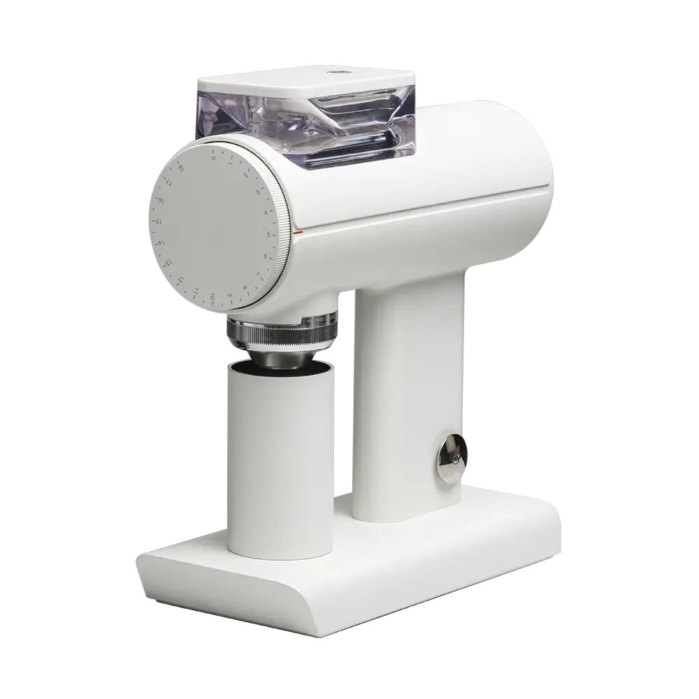 Angled view of Timemore Sculptor 078S coffee grinder in white finish.