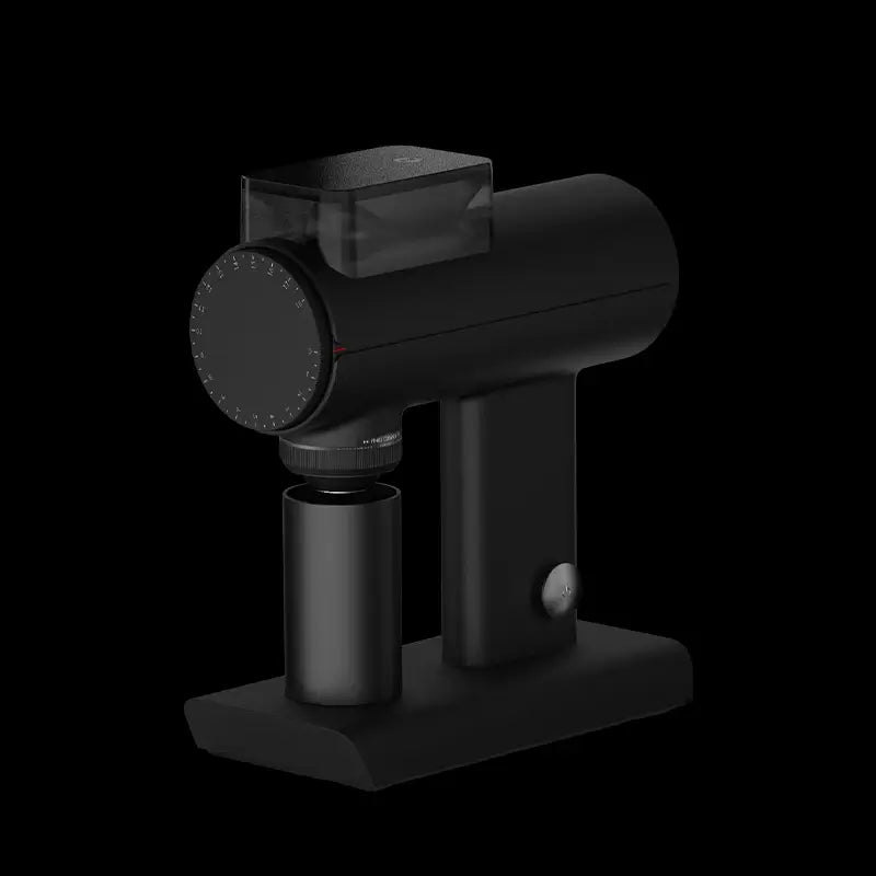 Angled side view of Timemore Sculptor 078S coffee grinder in black finish.