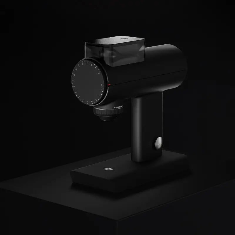 Side angle view of Timemore Sculptor 078S coffee grinder in black with bean hopper and grind adjustment dial.