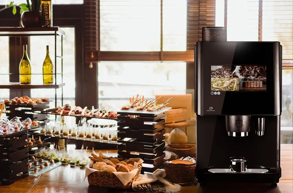 Coffetek Vitro S3 bean-to-cup coffee machine with touch screen interface, set up on a hotel breakfast buffet counter with pastries and snacks.
